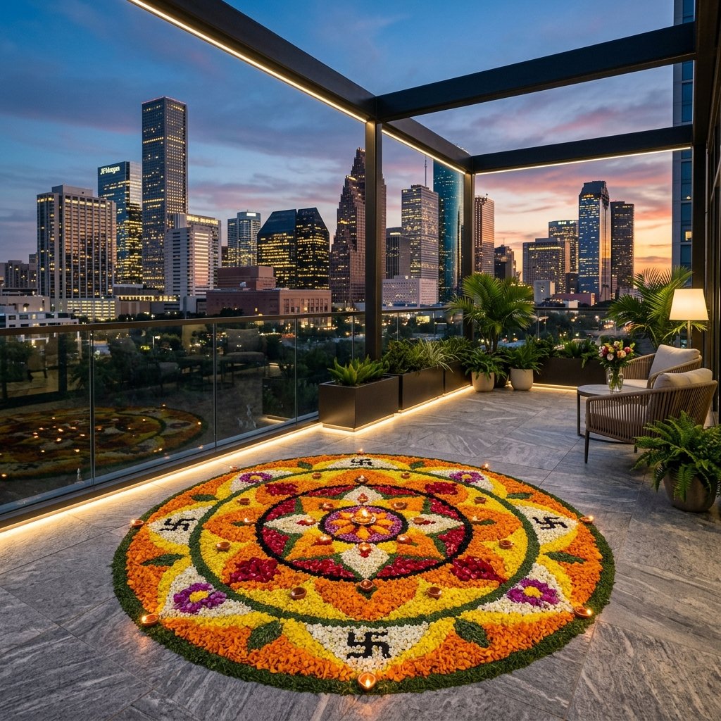 Pookalam Flowers Over Houston Sunset